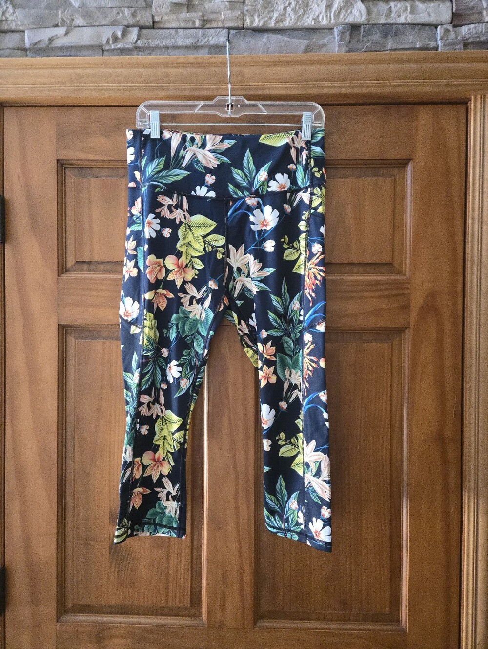 Ododos Leggings Navy Woth Floral Print Side Pockets  Size XL
